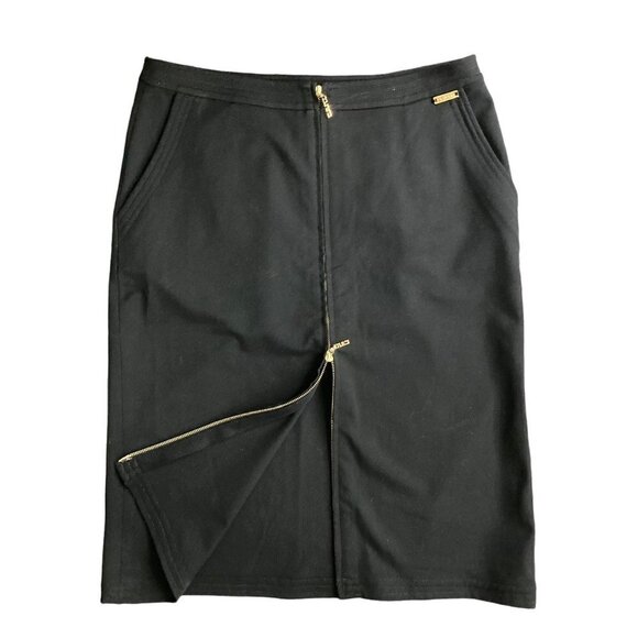 ST. JOHN Black Midi Pencil Skirt Exposed Gold Zippers US 12 - Picture 4 of 7